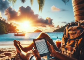 A-traveler-sitting-under-a-palm-tree-on-a-tropical-beach-reading-an-eBook-on-a-Kindle.