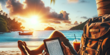 A-traveler-sitting-under-a-palm-tree-on-a-tropical-beach-reading-an-eBook-on-a-Kindle.