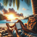 A-traveler-sitting-under-a-palm-tree-on-a-tropical-beach-reading-an-eBook-on-a-Kindle.